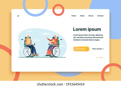 Old people in wheelchair holding kid and talking. Retirement, child, grandparent flat vector illustration. Generation and communication concept for banner, website design or landing web page