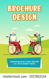 Old people in wheelchair holding kid and talking. Retirement, child, grandparent flat vector illustration. Generation and communication concept for banner, website design or landing web page