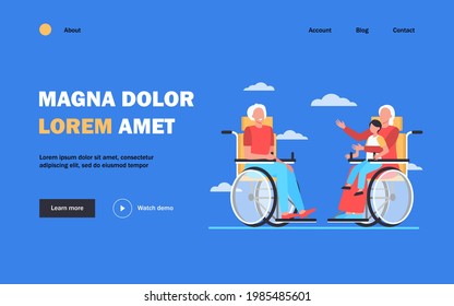 Old people in wheelchair holding kid and talking. Retirement, child, grandparent flat vector illustration. Generation and communication concept for banner, website design or landing web page