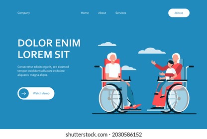 Old people in wheelchair holding kid and talking. Retirement, child, grandparent flat vector illustration. Generation and communication concept for banner, website design or landing web page