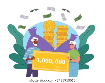 Old people won money. Elderly couple holds lottery ticket in hands next to bags of gold coins. Winners of lottery with prize. Happy elderly couple with cash. Cartoon vector illustration