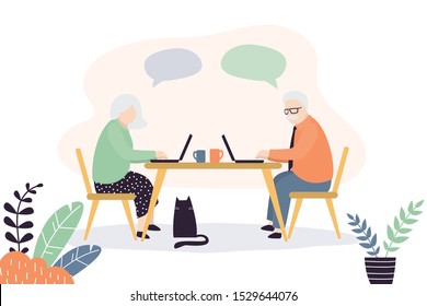 Old people at workplace. Elderly freelancers chatting online. Coworking for old people. Grandfather and grandmother characters use laptops. Trendy style vector illustration