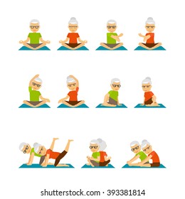 Old people yoga. Yoga for elderly people icons. Vector iillustration