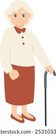 Old Person Cartoon Character with Stick. Flat Vector Illustration Isolated on White Background