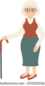 Old Person Cartoon Character with Stick. Flat Vector Illustration Isolated on White Background