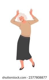 Old person dance concept. Elderly woman in casual clothes dancing. Active lifestyle. Sticker for social networks and messengers. Cartoon flat vector illustration isolated on white background