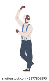 Old person dance concept. Elderly man in casual clothes dancing. Happy grandfather pensioner. Active hobby and leisure. Cartoon flat vector illustration isolated on white background