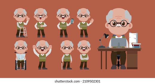 Old person with different poses. vector