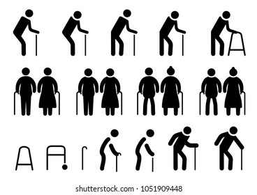 Old person with a disability, people with disability or physical handicap. Flat vector pictogram or symbol. Mobility symbol. Cartoon   cripple stickman, stick figure man, seniors or senior icon