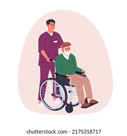 Old person with disability in wheelchair. Nurse, caregiver helping elderly senior disabled man. Social worker caring about aged human. Flat graphic vector illustration isolated on white background