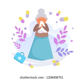 Old person flu Vector. Cartoon. Isolated art on white background. Flat