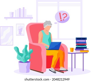 Old person learns new technologies, work and communicate through gadget. Woman holds phone and surfs internet. Character tries to use computer. Elder typing on laptop and spend time on social media