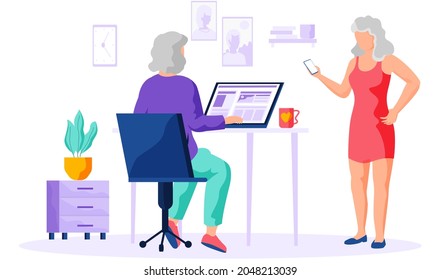 Old person learns new technologies, work and communicate through gadget. Woman holds phone and surfs internet. Character tries to use computer. Elder typing on laptop and spend time on social media