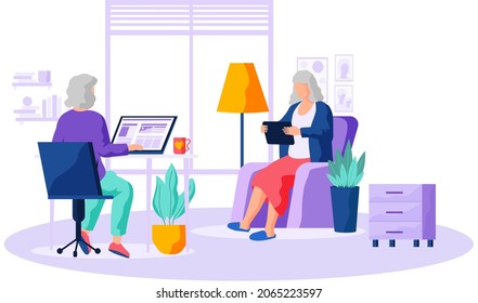Old person learns new technologies, work and communicate through gadget. Woman holds phone and surfs internet. Character tries to use computer. Elder typing on laptop and spend time on social media