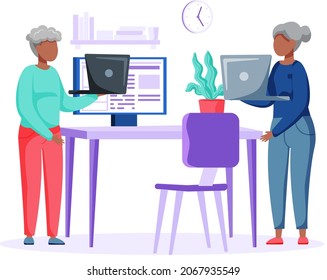 La persona mayor aprende nuevas tecnologías, trabaja y se comunica a través de un gadget. La mujer tiene teléfono e internet de surf. El carácter intenta usar el equipo. Escribiendo para mayores en laptop y pasando tiempo en medios sociales