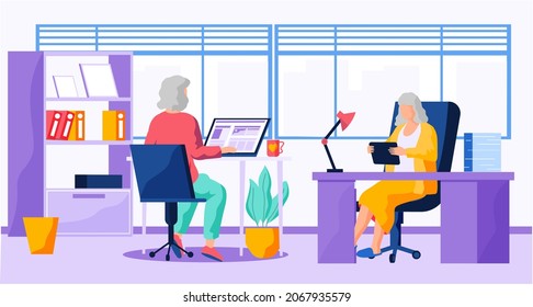 Old person learns new technologies, work and communicate through gadget. Woman holds phone and surfs internet. Character tries to use computer. Elder typing on laptop and spend time on social media