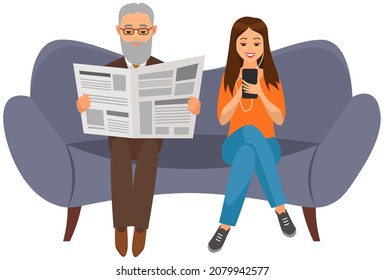 Old person reading newspaper and lady sitting on couch talking on phone. Daily publication, relax, young woman communicating, eldery man reading news. People get information from different sources