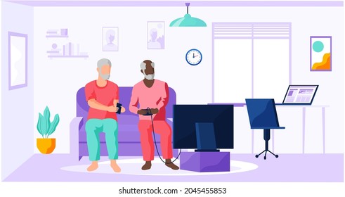 Old person sitting and playing video games with friend. Elderly people use computer and spend time with gadgets. Characters learn new technologies and surf internet. Man communicates via smartphone