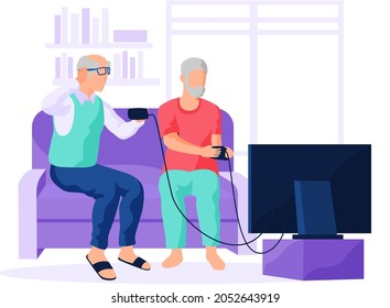 Old person sitting and playing video games with friend. Elderly people use computer and spend time with gadgets. Characters learn new technologies and surf internet. Man communicates via smartphone
