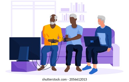 Old person sitting and playing video games with friend. Elderly people use computer and spend time with gadgets. Characters learn new technologies and surf internet. Man communicates via smartphone