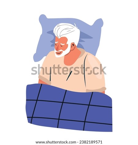 Old person sleeping in bed. Senior man dreaming, lying on back on pillow, top view. Grandfather asleep under duvet. Elderly grandpa napping alone. Flat vector illustration isolated on white