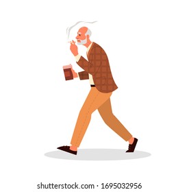 Old Person Smoking. Retired Man Walking With A Cup Of Coffee And Smokes Cigarette. Tobacco Addiction. Vector Cartoon Illustration.