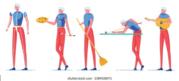 Old Person Spending Leisure Time, Having Hobbies Flat Cartoon Vector Illustration. Man Character Painting, Sweeping Floor With Broom, Playing Billiards And Musical Instrument As Guitar.