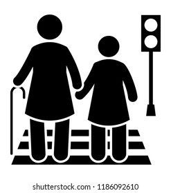 An old person walking on a line patterned road by support depicting zebra crossing 