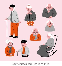 Una persona mayor que se siente sola. Problemas de salud de los ancianos, soledad, senilidad, fatiga, cansancio. Ilustración de vectores de personas de caricatura