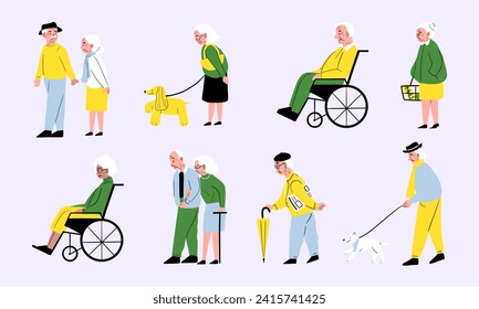 An Old person who takes a walk and feels comfortable. Healthcare therapy, breathe fresh air. Elderly walk in park or forest vector illustration