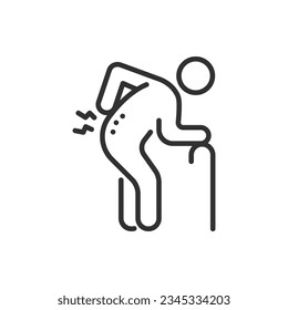 Die alte Person erfährt Rückenschmerzen, lineares Symbol, Rückenschmerzen, hernisierte Scheiben. Linie mit bearbeitbarem Hub