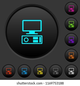 Old personal computer dark push buttons with vivid color icons on dark grey background