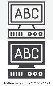 Conjunto de iconos de estilo diferente de computadora personal antigua. Versiones de líneas, contornos e iconos sólidos con trazo editable. Signo y Vector para la educación tecnológica. Icono de la computadora.
