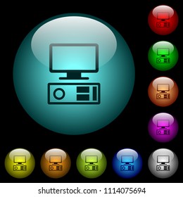 Old personal computer icons in color illuminated spherical glass buttons on black background. Can be used to black or dark templates