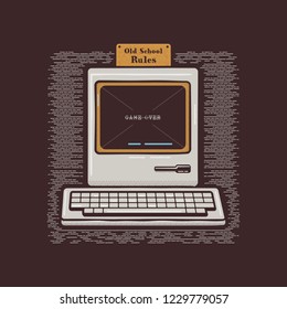 Old Personal Computer. Retro PC icon emblem with Old School Rules quote. Stock vector flat illustration isolated on dark background.