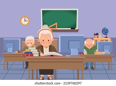 Old Persons Continuing Education In Classroom Characters