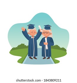 personas de edad pareja con uniformes de graduación personajes diseño de ilustraciones vectoriales