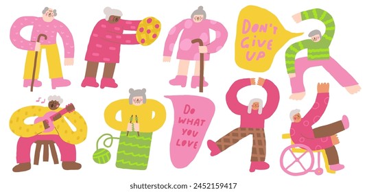 Old persons icon. Cute hand drawn doodle isolated grandfather, grandmother. Old gentleman, man, lady, women, men walking with stick, playing guitar, dancing, doing yoga, cooking pie, sitting in wheel 