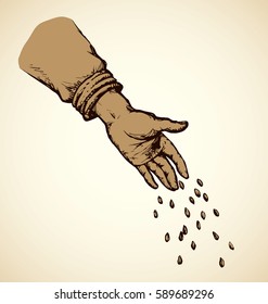 Old person's palm give scatter small corn plant on fertile humus eco area. Freehand outline ink picture symbol sketch in art doodle style pen on paper. Closeup view with space for text on sky