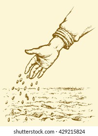 Old person's palm manual give scatter small corn plant on fertile humus eco area. Freehand outline ink picture symbol sketch in art doodle style pen on paper. Closeup view with space for text on sky
