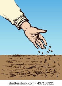 Old person's palm manual give scatter small corn plant on fertile humus eco area. Freehand bright color drawn picture symbol sketch in art doodle style. Closeup view with space for text on sky