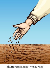 Old person's palm manual give scatter small corn plant on fertile humus eco area. Freehand bright color drawn picture symbol sketch in art doodle style. Closeup view with space for text on sky