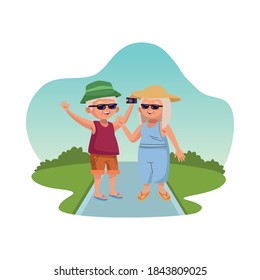 old persons tourist couple with camera characters vector illustration design