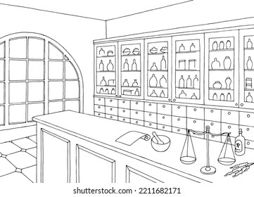 Old pharmacy interior graphic store shop black white sketch illustration vector