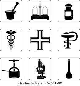 Old pharmacy objects in a nine square grid