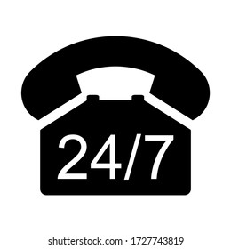 Old phone 24 7 flat icon isolated on white background. Hotline symbol. Telephone vector illustration. Telephone contact