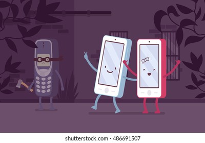 Old phone is attacking from the corner new smartphones. Cartoon vector flat-style concept illustration