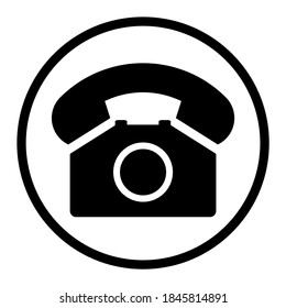 Old phone in black circle flat icon isolated on white background. Hotline symbol. Telephone vector illustration. Phone contact .