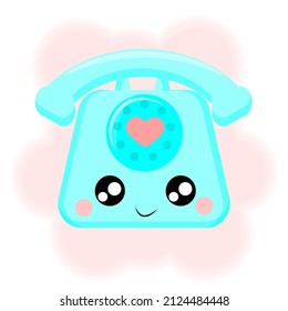 old phone, blue color, kawaii character, smile, Japanese style, textile print, sticker, t-shirt, packaging, Vector illustration