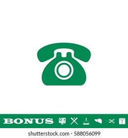 Old phone icon flat. Green pictogram on white background. Vector illustration symbol and bonus button